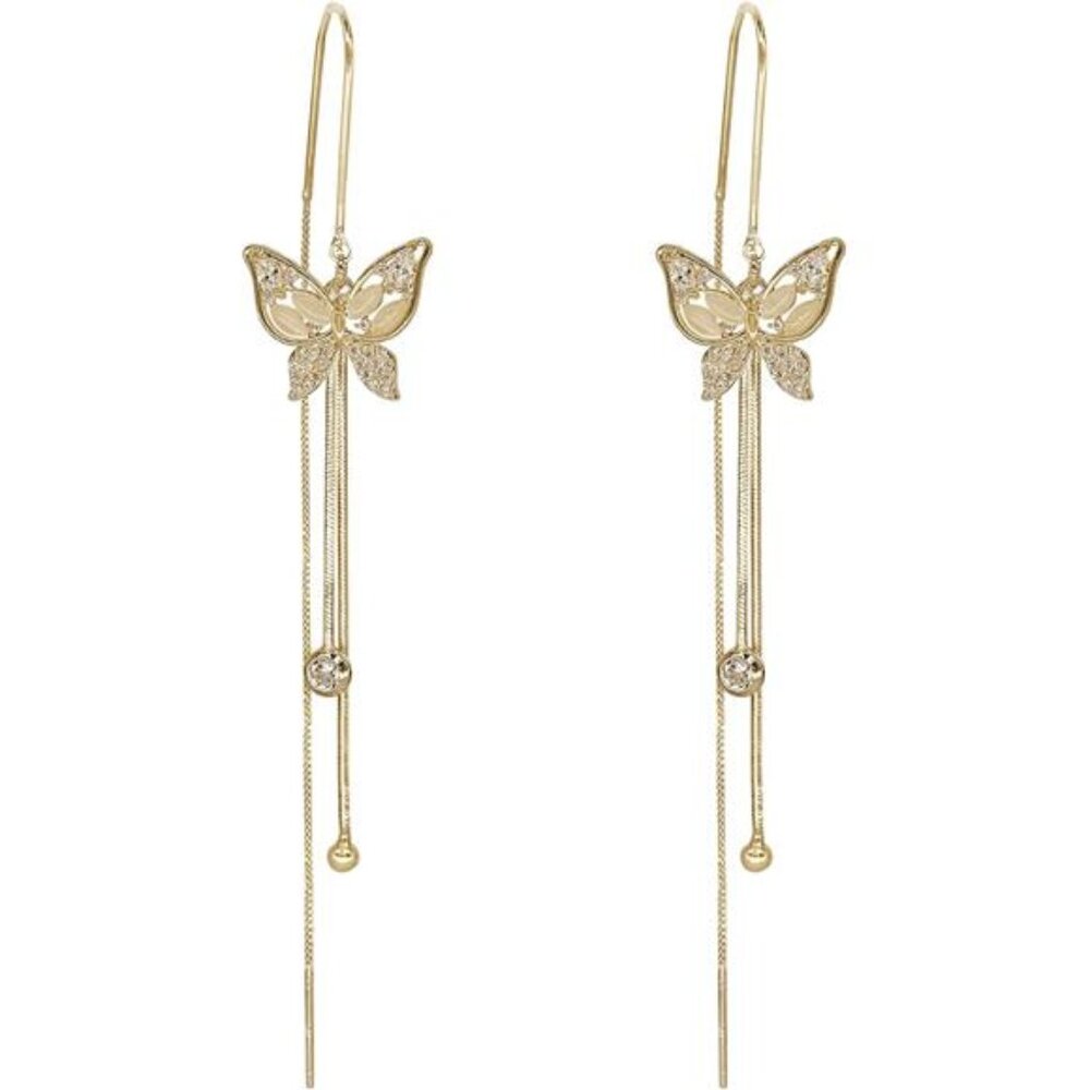 Long Gold Threader Tassel Earrings Dainty Rhinestone Butterfly Heart Drop Jewel